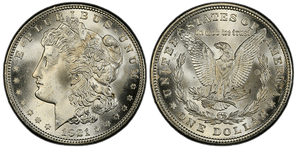 A picture of the 1921 Philadelphia Morgan Dollar showing soft strike details and a lustrous surface typical of MS examples.