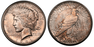 A picture of the 1921 Satin Finish Peace Dollar, showing the contrast between the frosted design and the smooth, semi-matte fields of the proof strike.