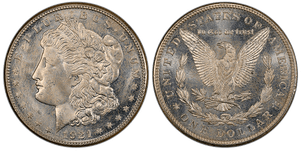 A picture of the 1921-S Morgan Dollar with its characteristic “S” mint mark and a clean reverse field.