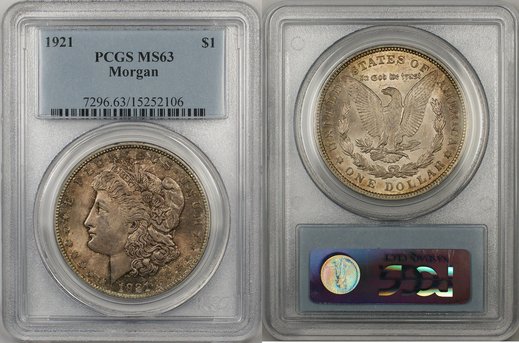 A picture of a 1921 Morgan Silver Dollar, showing the intricate Liberty profile on the obverse and the eagle design on the reverse.