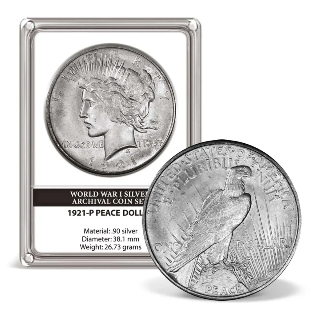 A picture of a 1921 Peace Dollar encased in a certified coin slab, displaying its grade and authentication details.